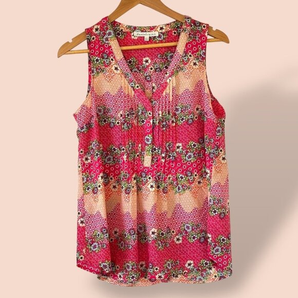 Daniel Rainn Woman’s Tank Top Blouse Pink Pintuck Front Floral Boho Size Small - Picture 1 of 10